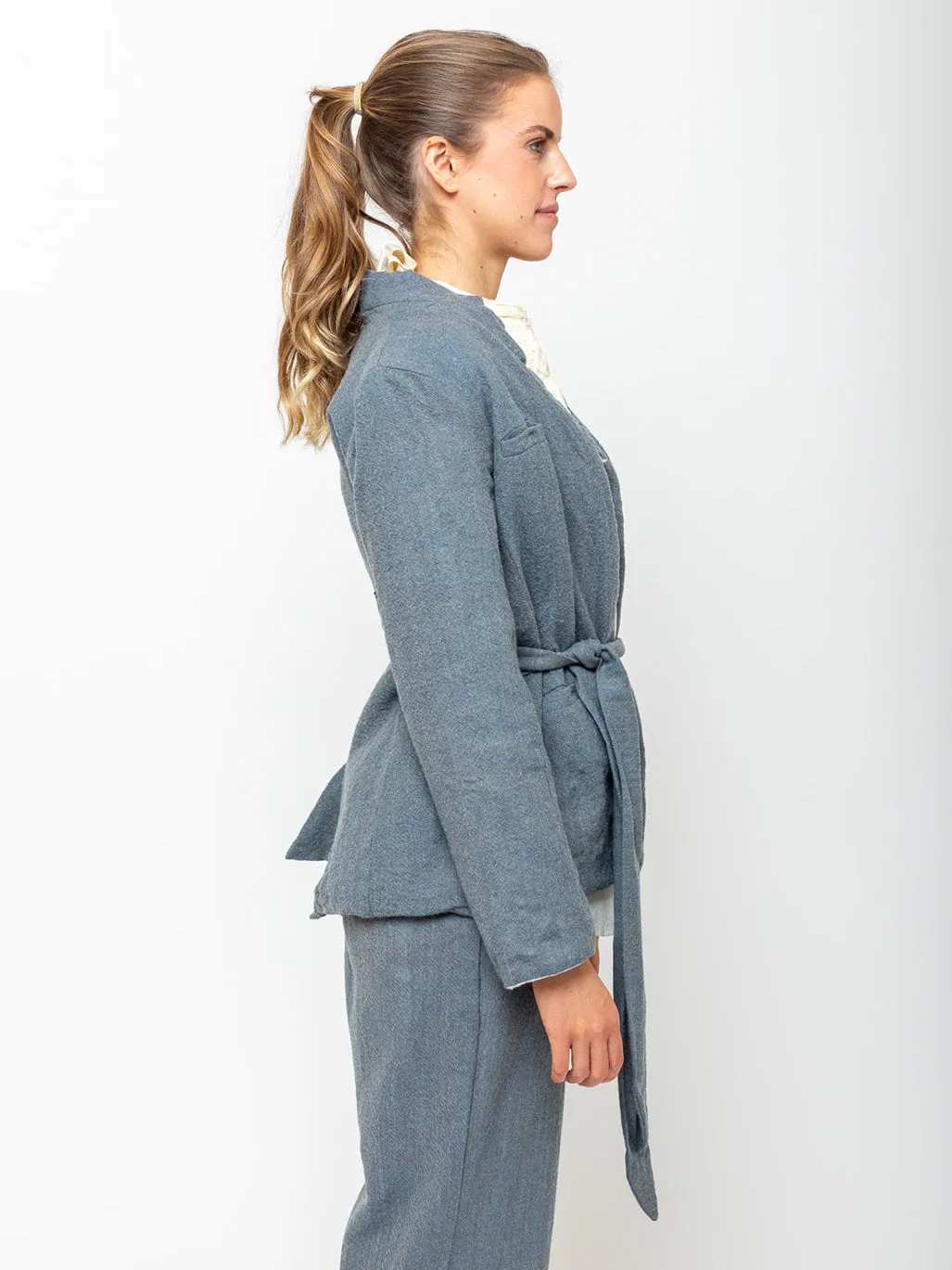 Belted Japanese Ghost Wool Jacket - Melange Blue