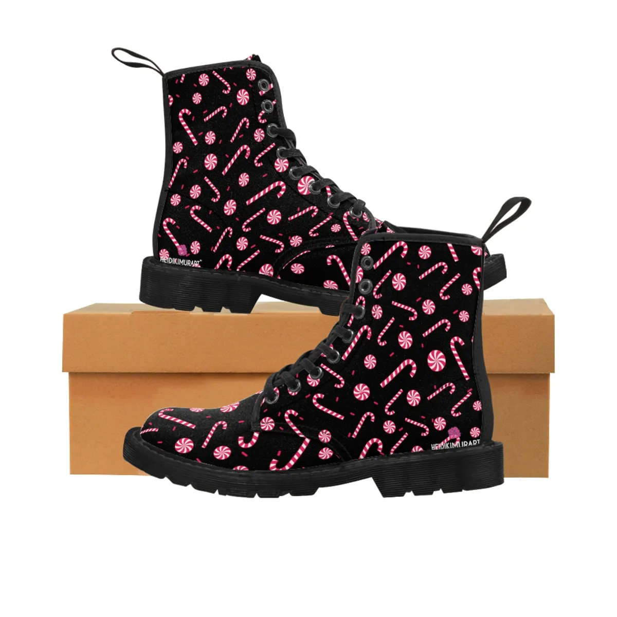 Black Christmas Women's Canvas Boots, Red Candy Cane Print Winter Boots For Women (US Size 6.5-11)