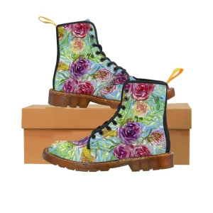 Blue Yellow Rose Women's Boots, Floral Print Designer Premium Ladies' Laced-up Boots For Ladies