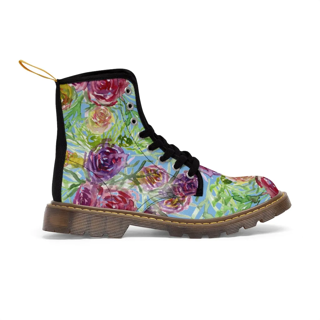 Blue Yellow Rose Women's Boots, Floral Print Designer Premium Ladies' Laced-up Boots For Ladies