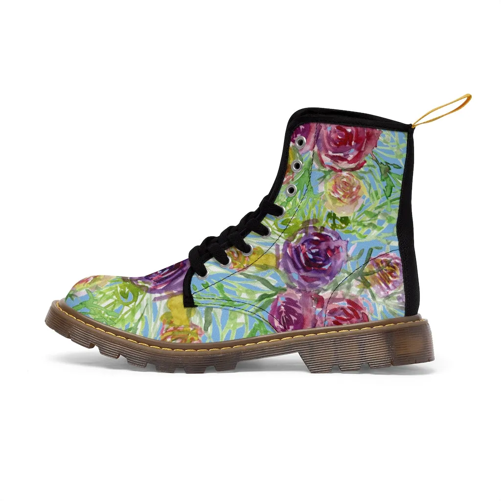 Blue Yellow Rose Women's Boots, Floral Print Designer Premium Ladies' Laced-up Boots For Ladies