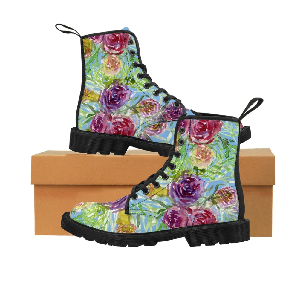 Blue Yellow Rose Women's Boots, Floral Print Designer Premium Ladies' Laced-up Boots For Ladies