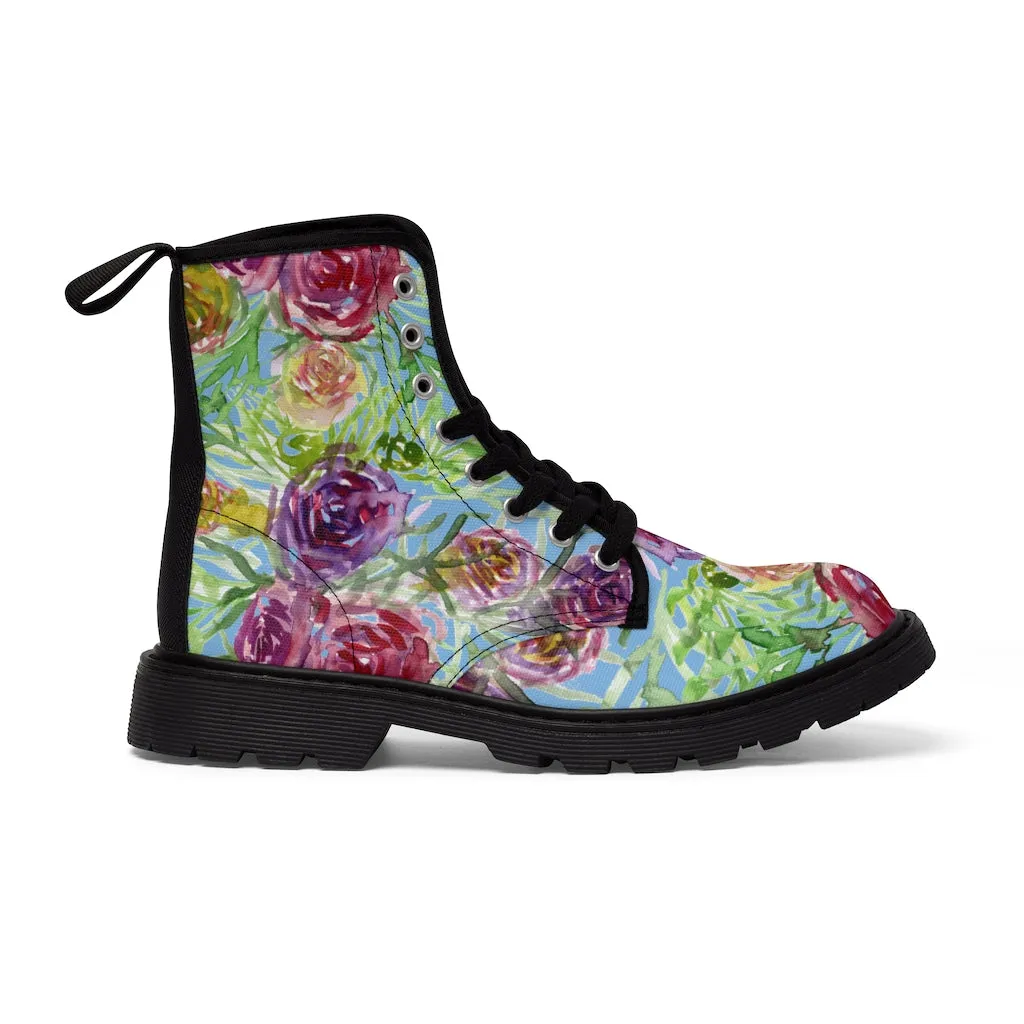 Blue Yellow Rose Women's Boots, Floral Print Designer Premium Ladies' Laced-up Boots For Ladies