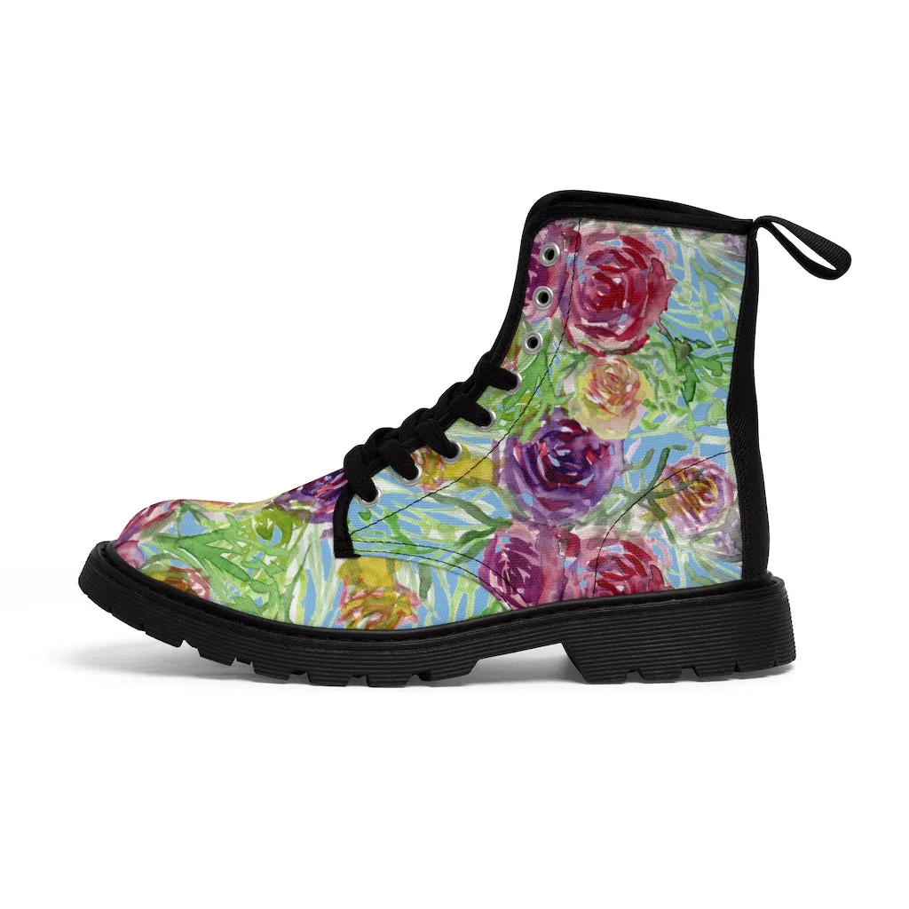 Blue Yellow Rose Women's Boots, Floral Print Designer Premium Ladies' Laced-up Boots For Ladies