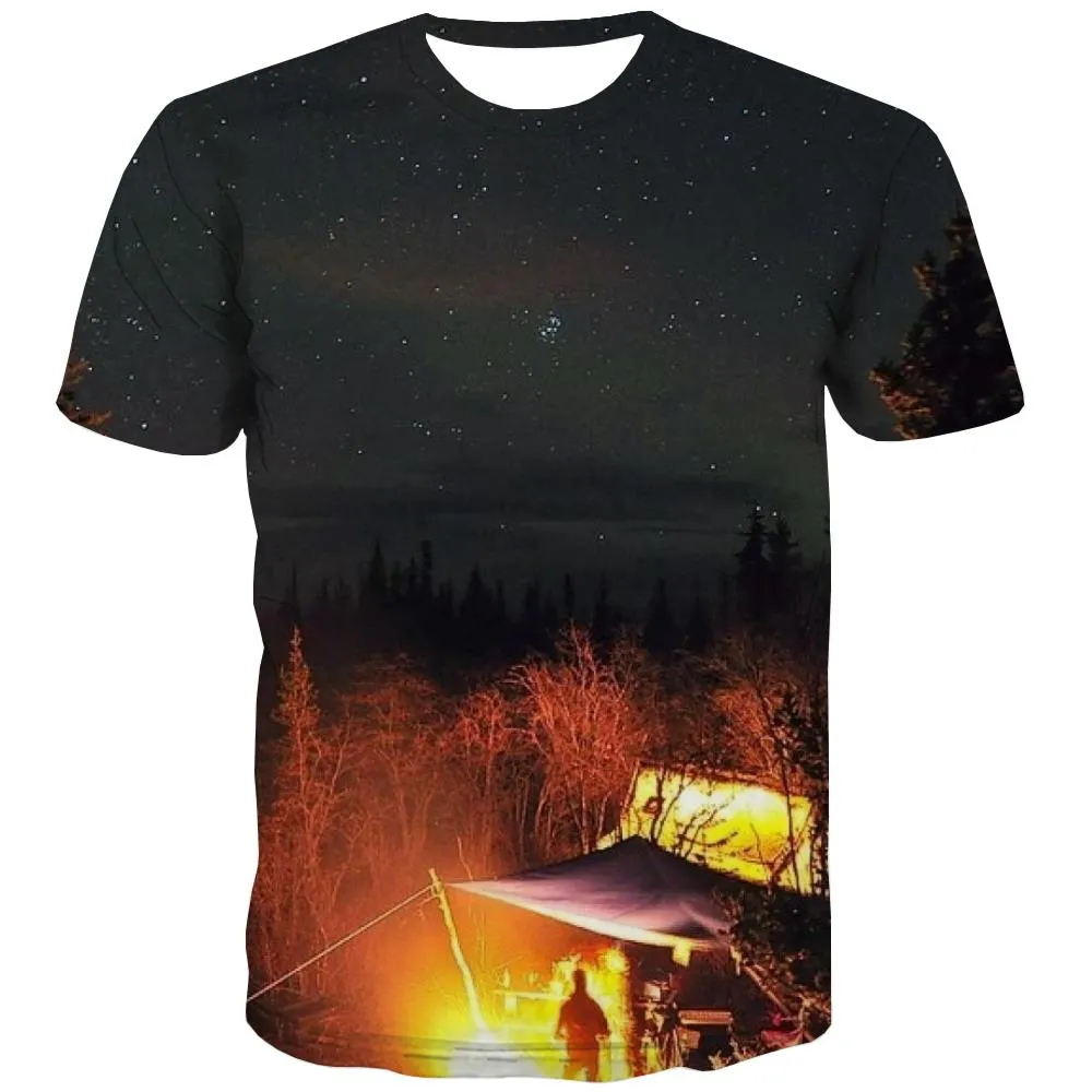 Camping T shirts Men Sunset Shirt Print Forest T-shirts 3d Flame T-shirts Graphic