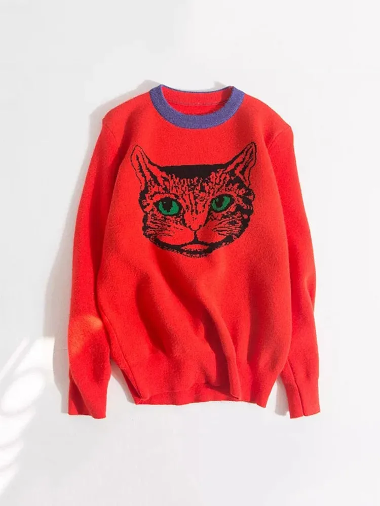 Cat Print Loose Fit Knitted Sweater Featuring Cartoon Pattern