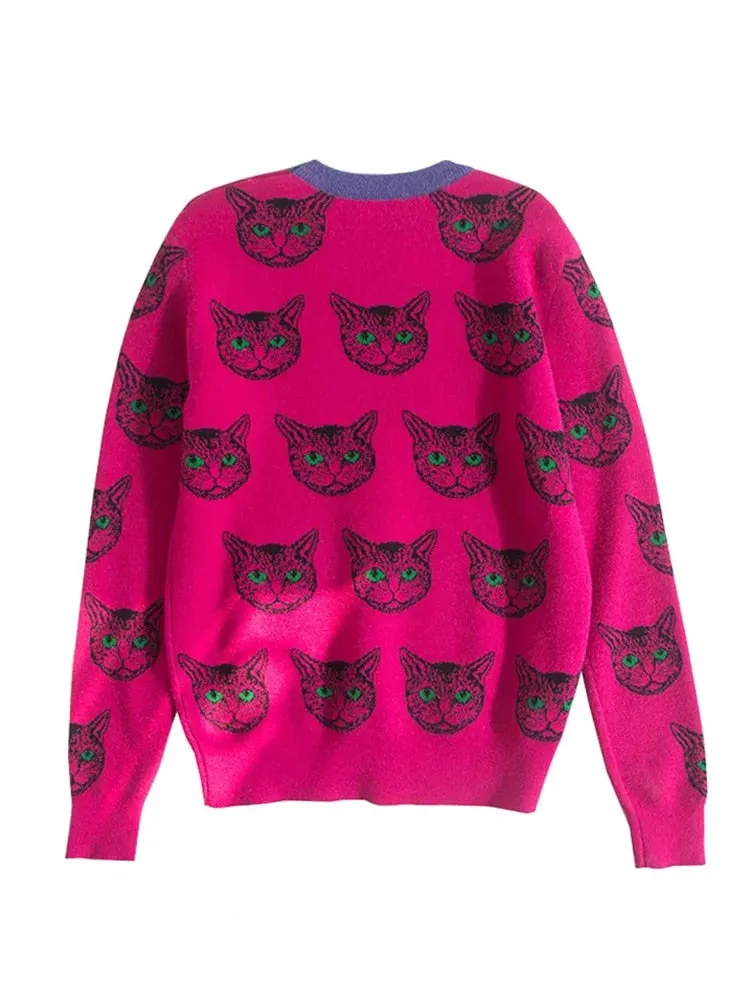 Cat Print Loose Fit Knitted Sweater Featuring Cartoon Pattern