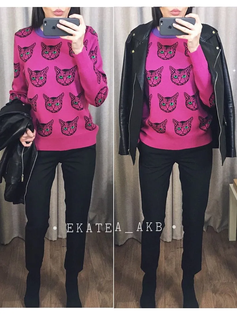 Cat Print Loose Fit Knitted Sweater Featuring Cartoon Pattern