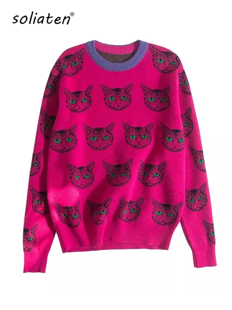 Cat Print Loose Fit Knitted Sweater Featuring Cartoon Pattern