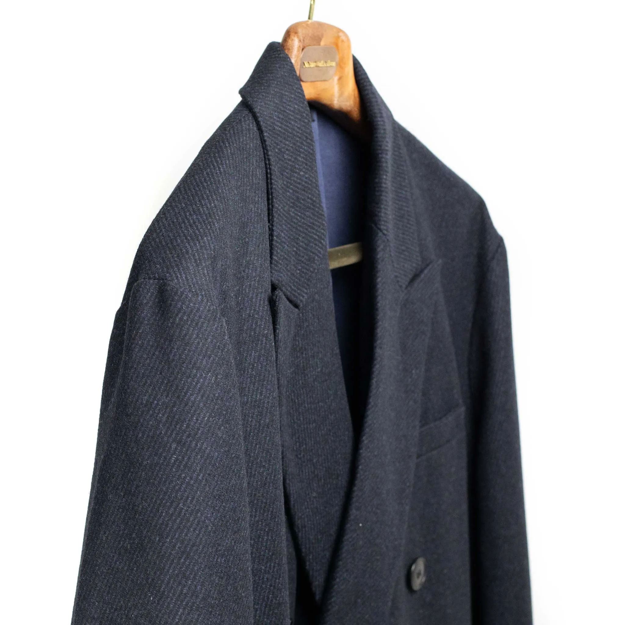 Double breasted coat in dark navy heavy twill deadstock vintage wool