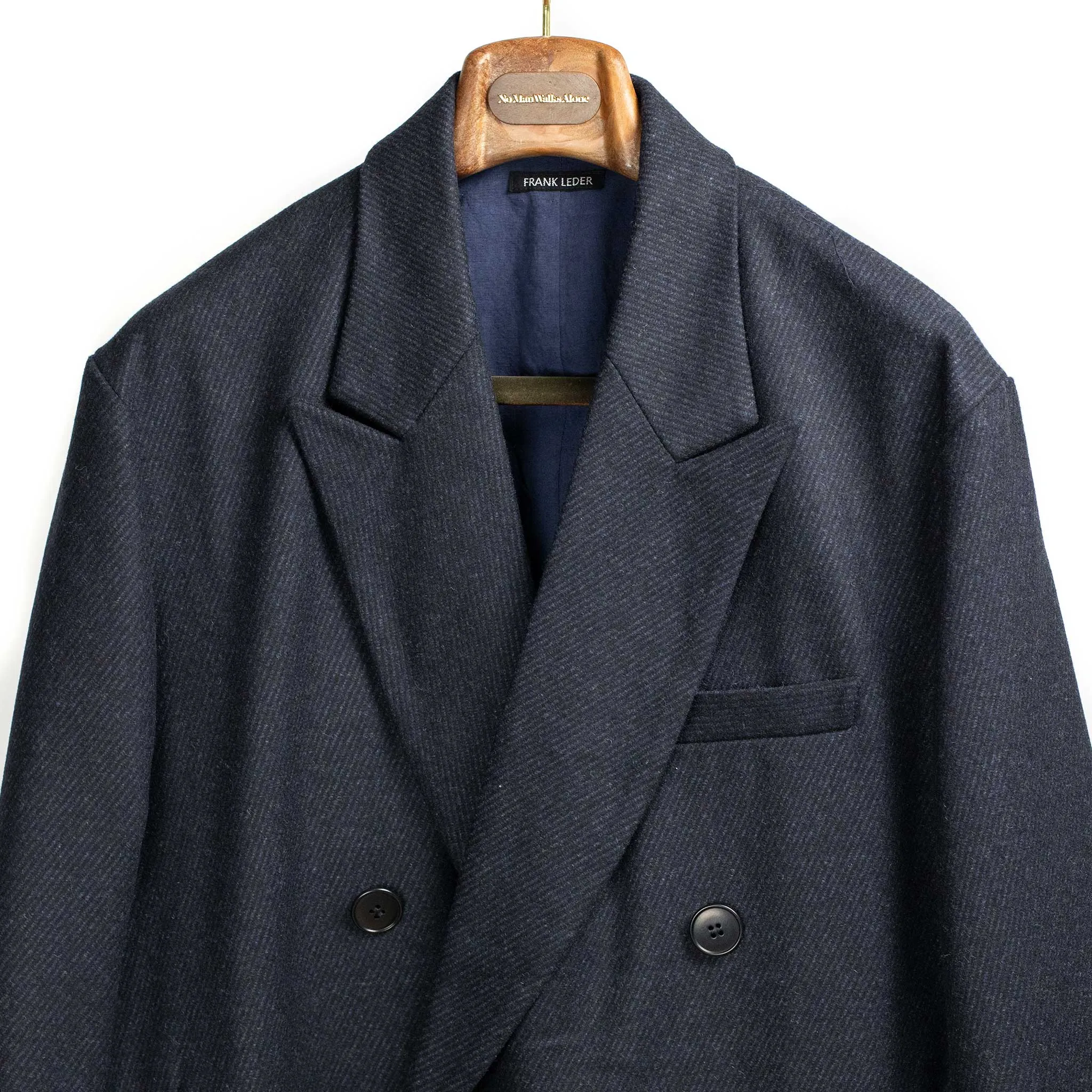 Double breasted coat in dark navy heavy twill deadstock vintage wool