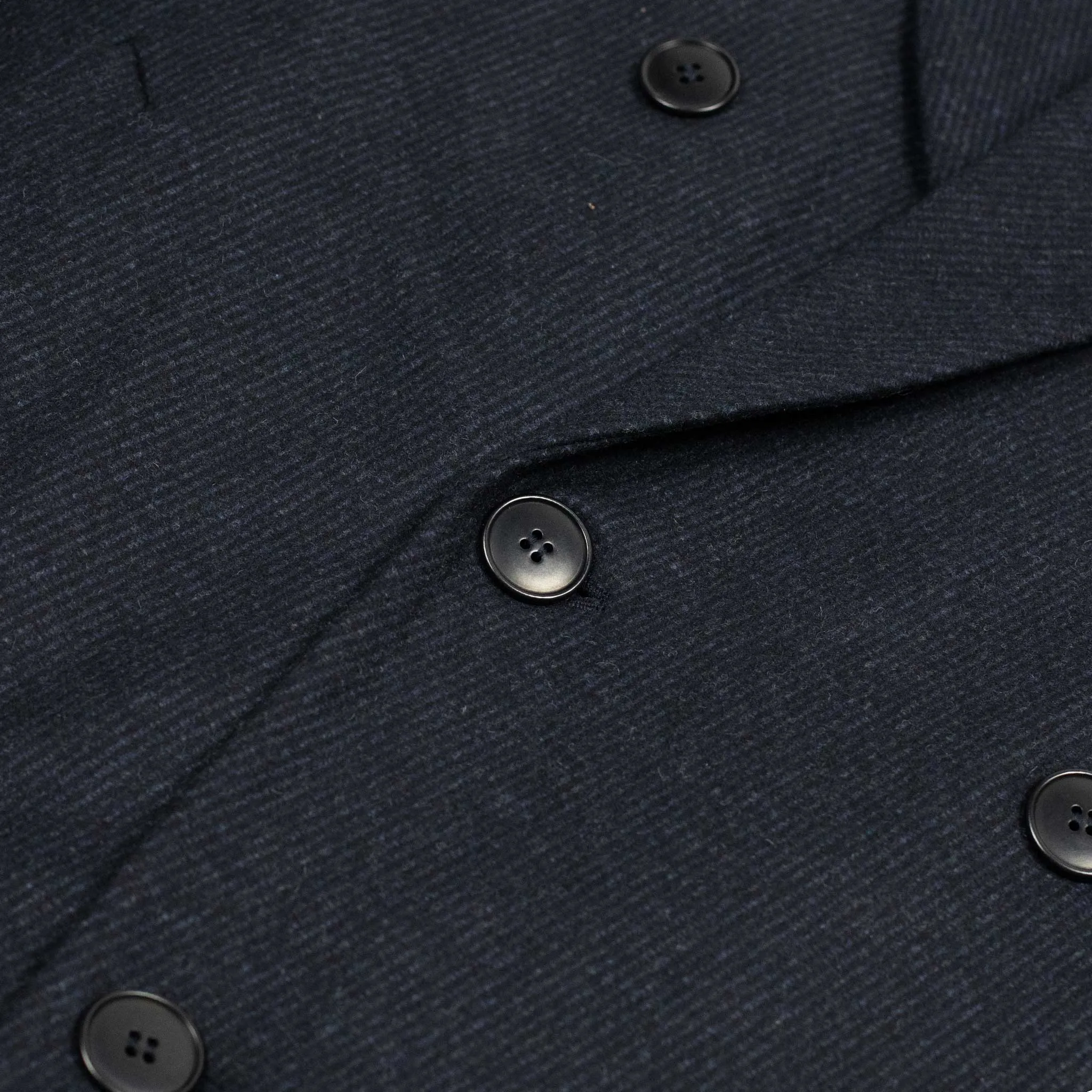 Double breasted coat in dark navy heavy twill deadstock vintage wool