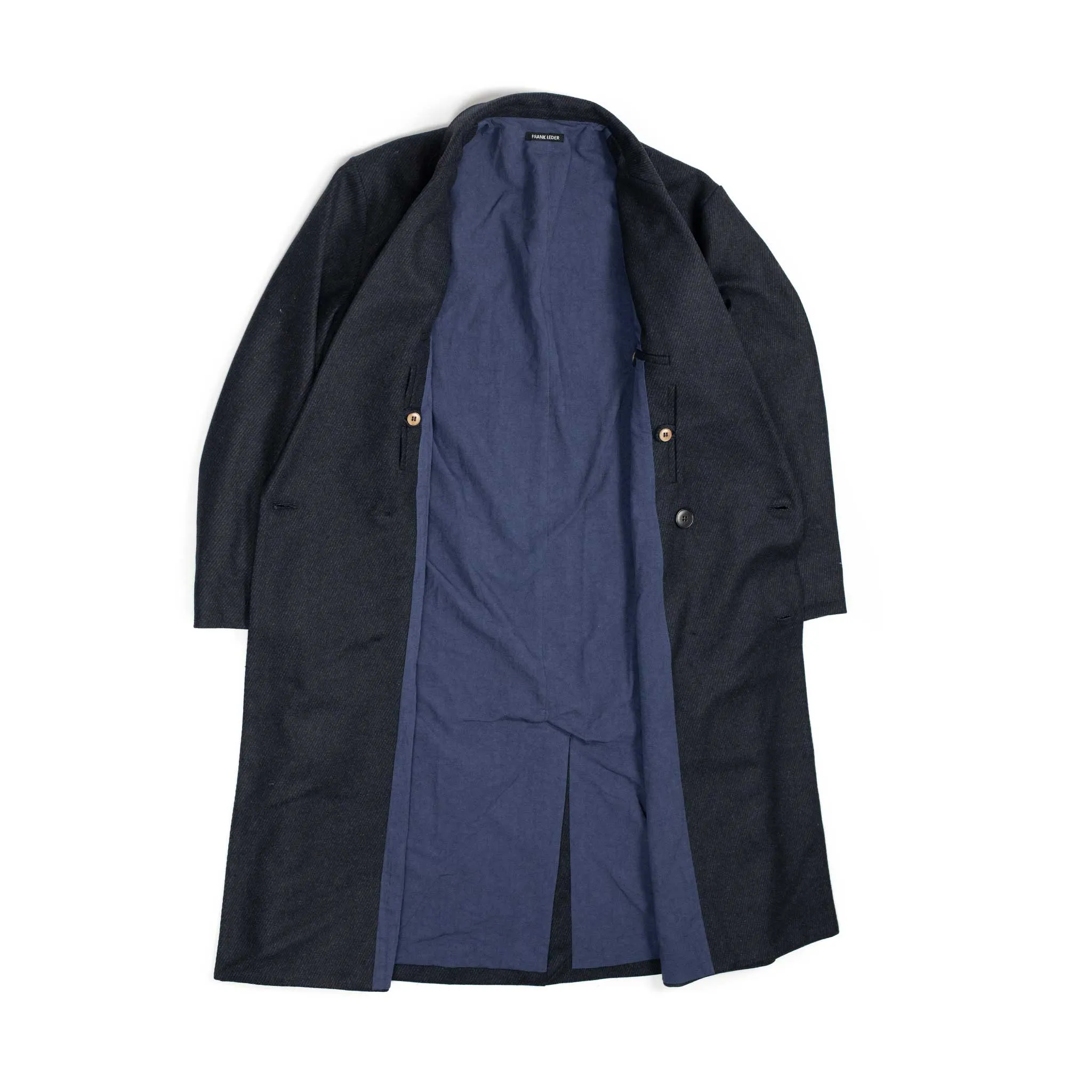 Double breasted coat in dark navy heavy twill deadstock vintage wool