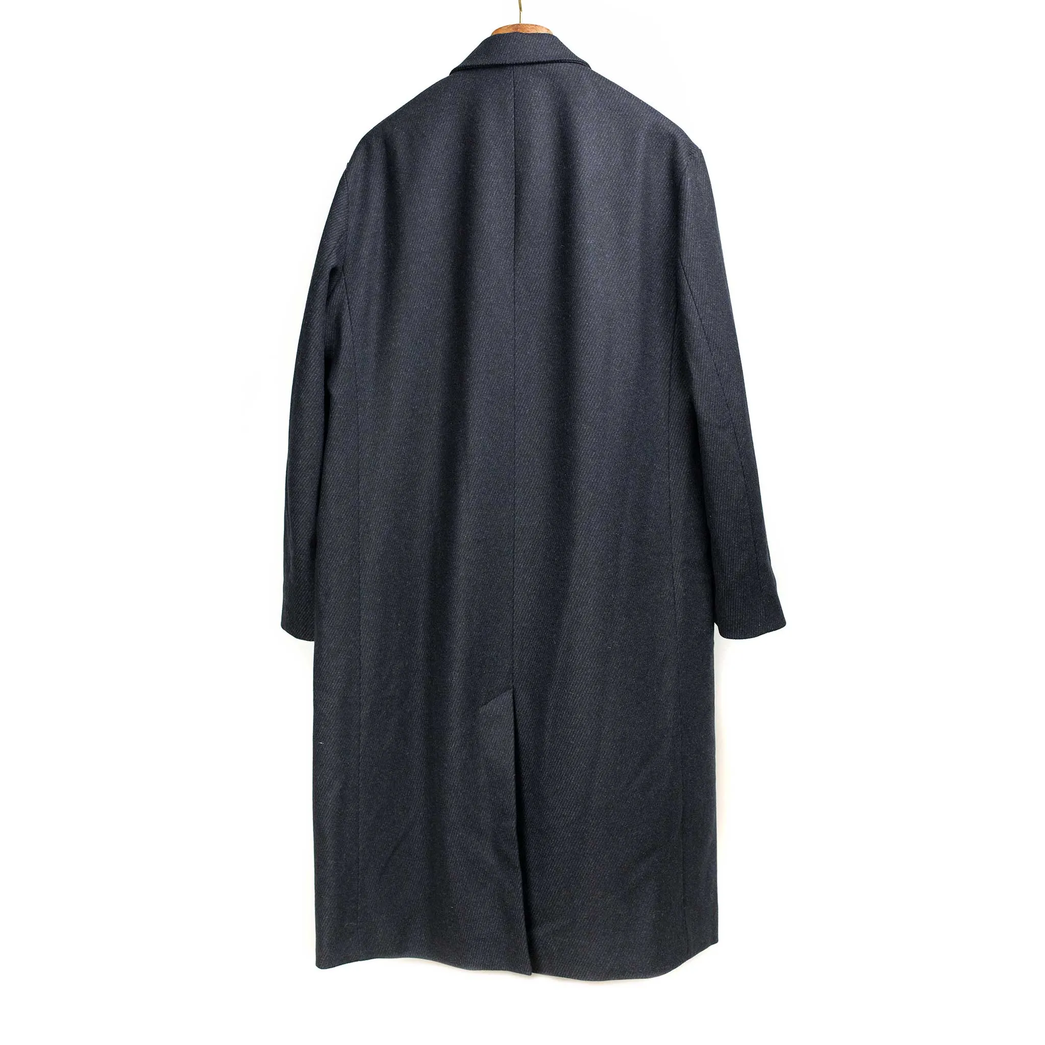 Double breasted coat in dark navy heavy twill deadstock vintage wool