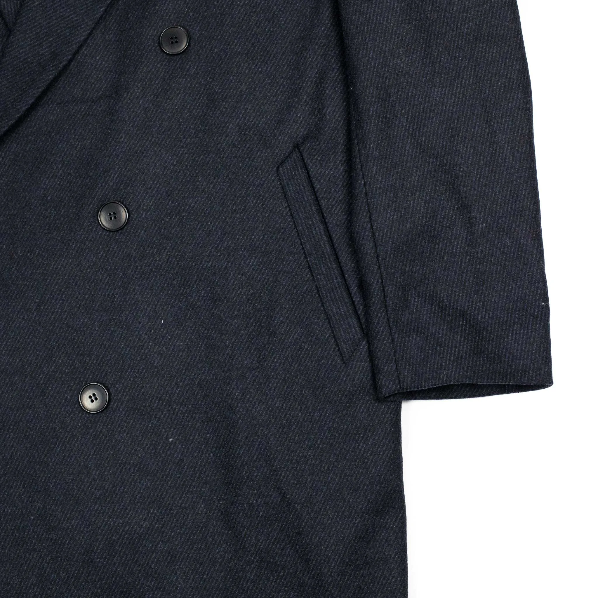 Double breasted coat in dark navy heavy twill deadstock vintage wool