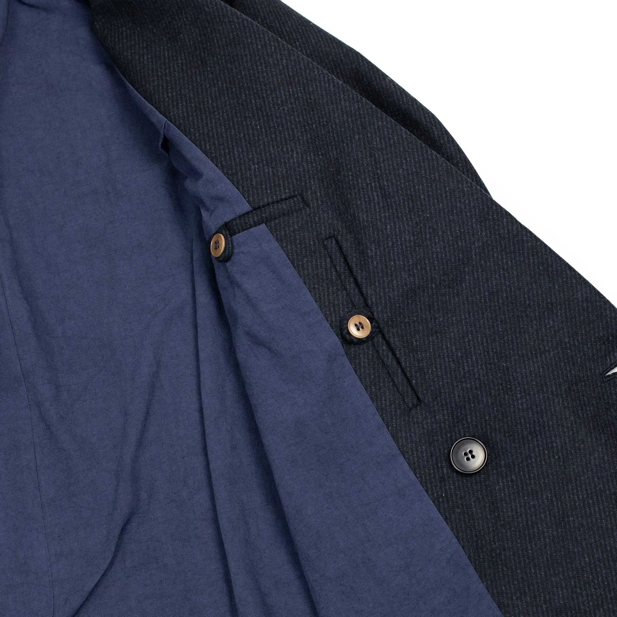 Double breasted coat in dark navy heavy twill deadstock vintage wool