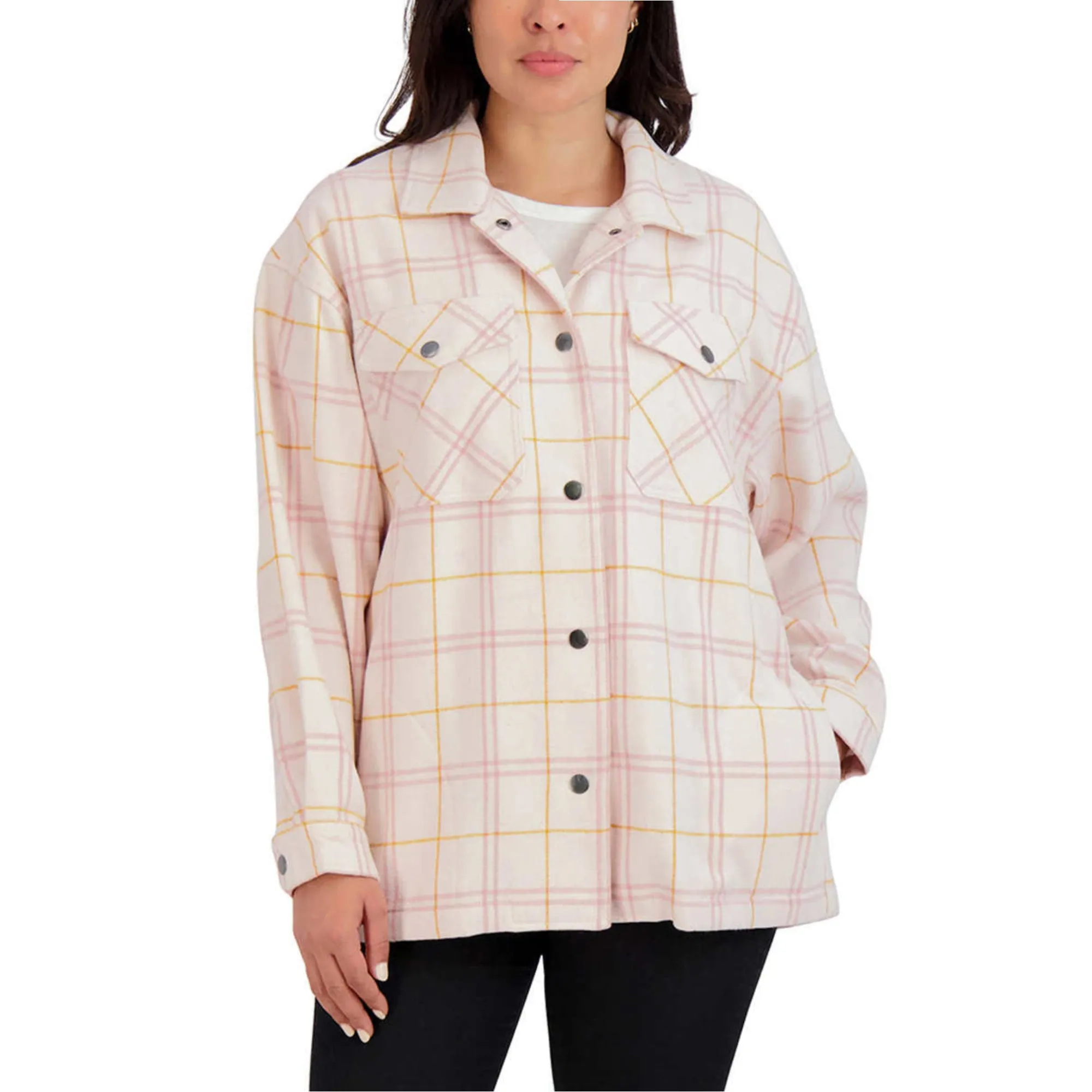 HFX Women's Relaxed Fit Front Snap Cozy Plaid Shirt Jacket