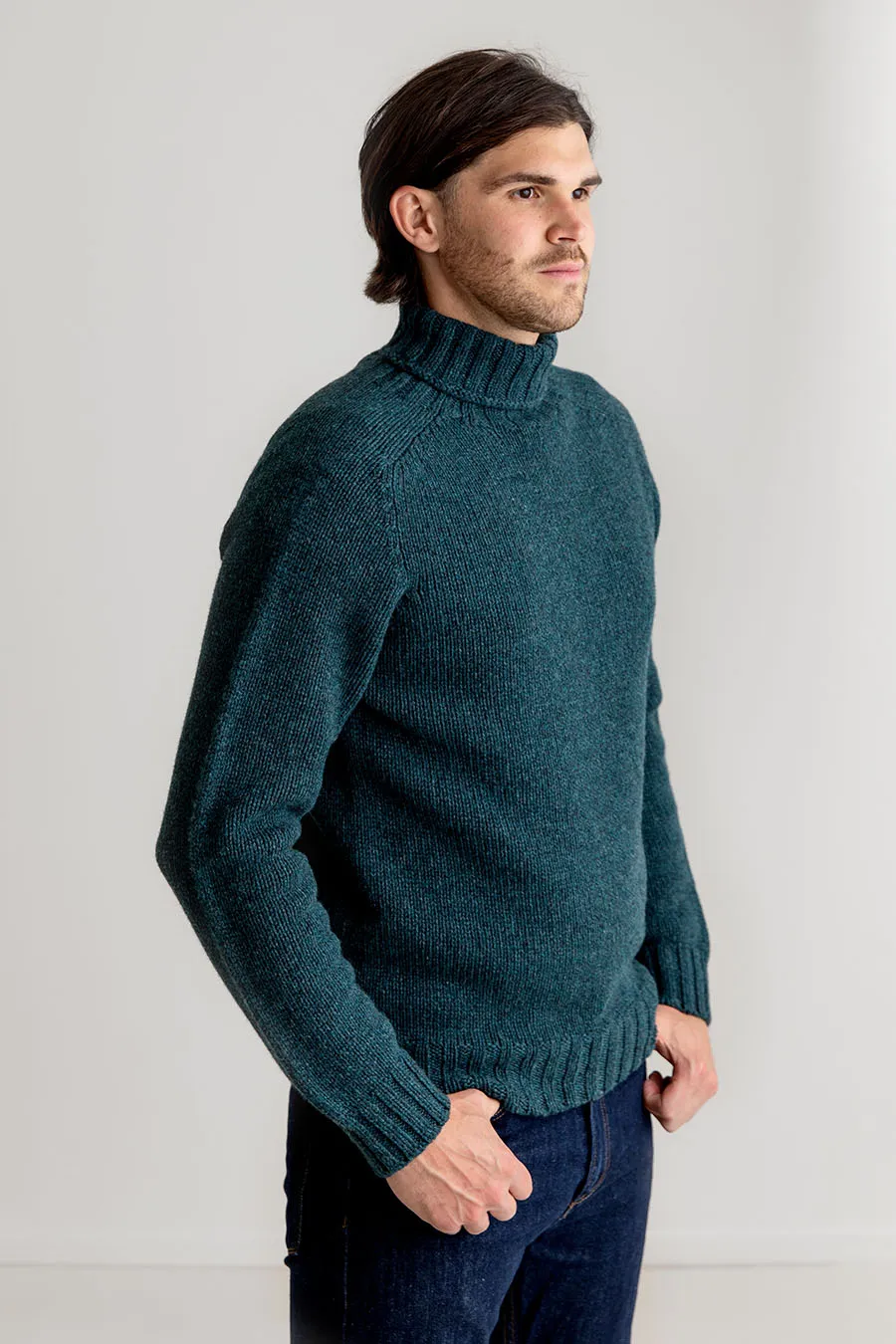 Mens Chunky Geelong Superfine Lambs wool Polo Neck Jumper - Teal