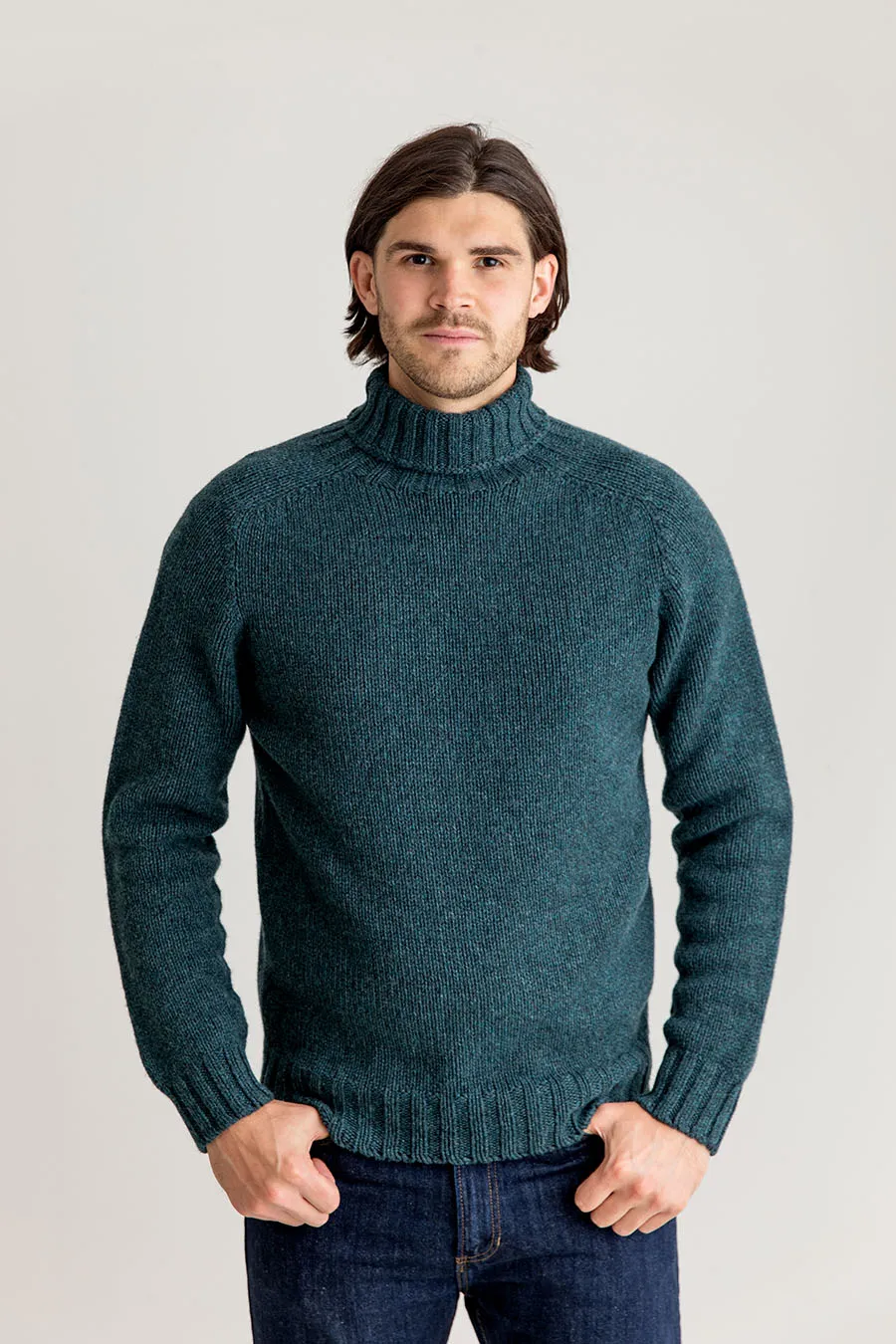 Mens Chunky Geelong Superfine Lambs wool Polo Neck Jumper - Teal