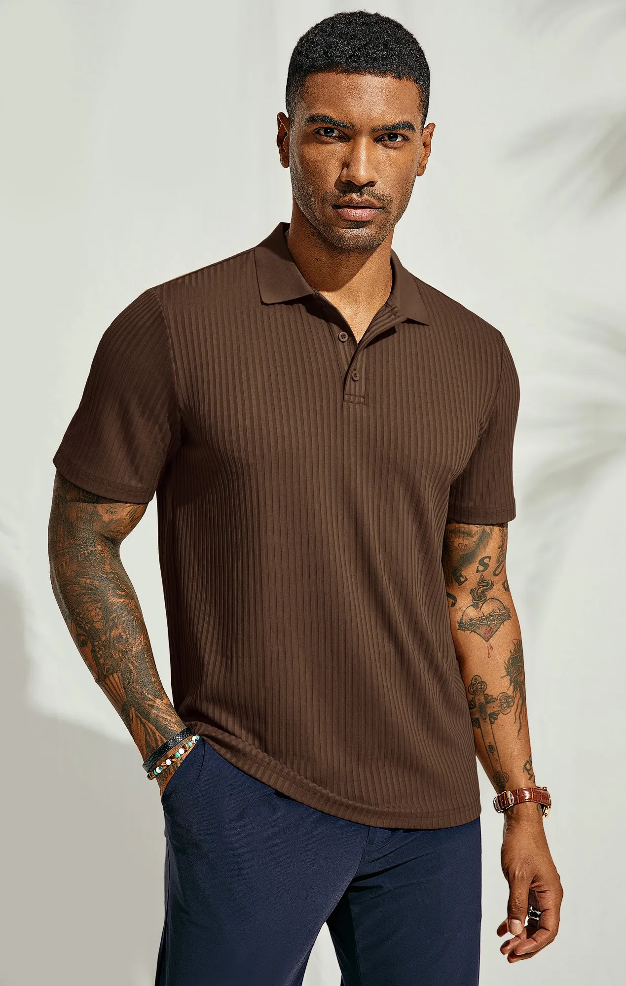 Mens Polo Shirts Textured Knit Short Sleeve Stretchy Golf Shirts