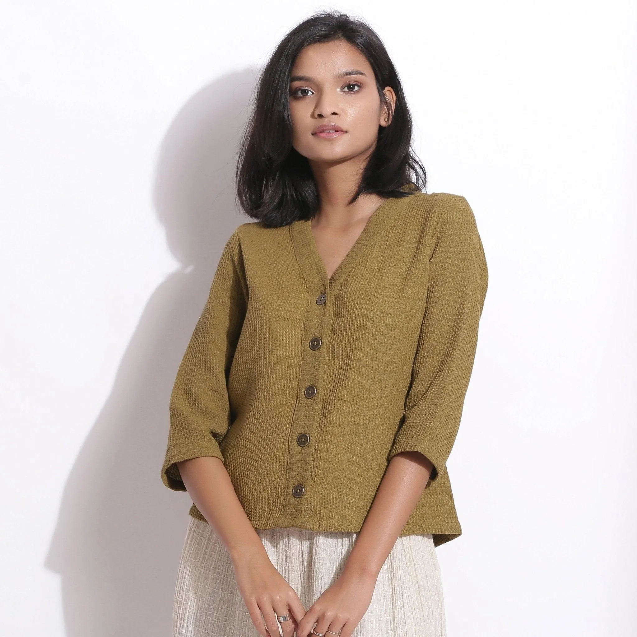 Olive Green Warm Cotton Waffle Button-Down Top