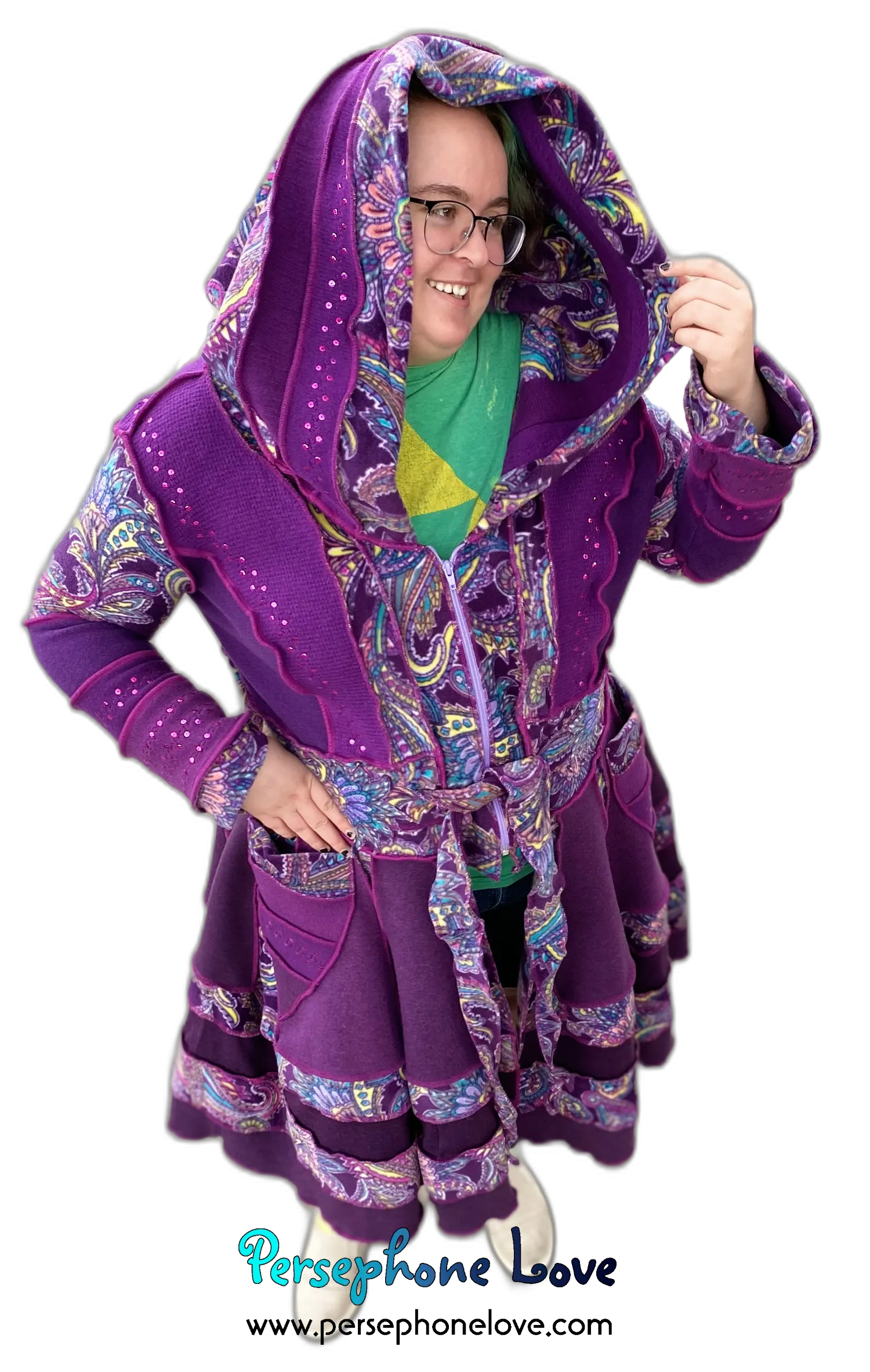 "Bloom" GODDESS SIZE Purple embroidered/felted/sequins cashmere patchwork Katwise-inspired sweatercoat-2536