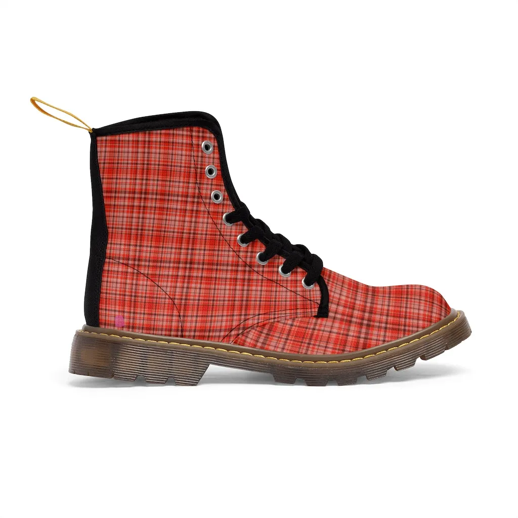 Red Plaid Women's Canvas Boots, Best Plaid Print Winter Boots For Women (US Size 6.5-11)