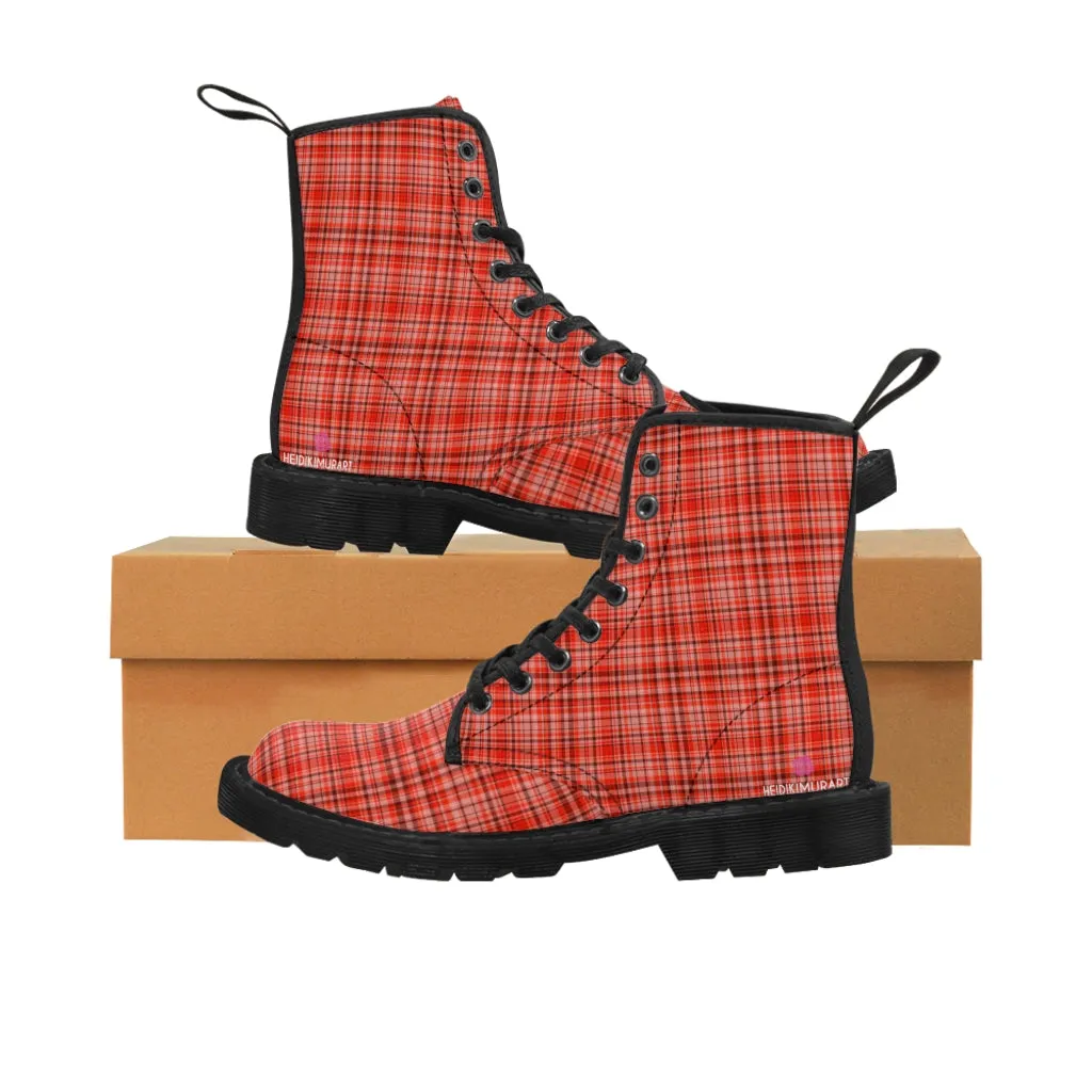 Red Plaid Women's Canvas Boots, Best Plaid Print Winter Boots For Women (US Size 6.5-11)