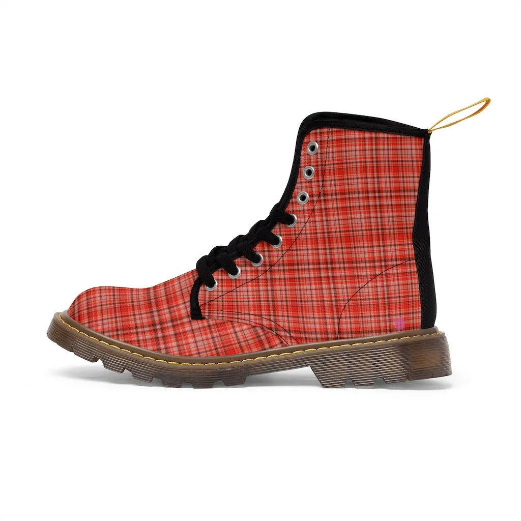 Red Plaid Women's Canvas Boots, Best Plaid Print Winter Boots For Women (US Size 6.5-11)