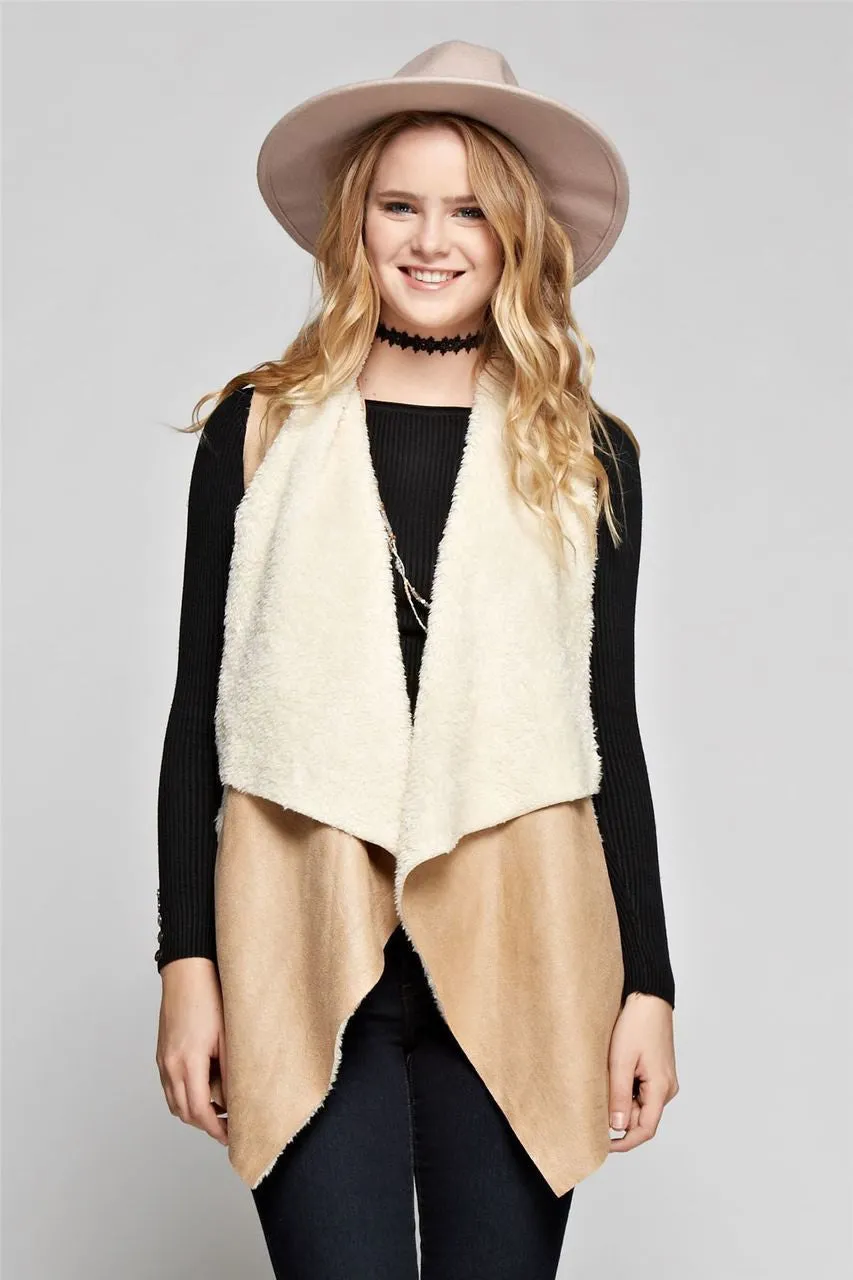 Shearling Faux Fur Vest with Suede and Pockets Beige