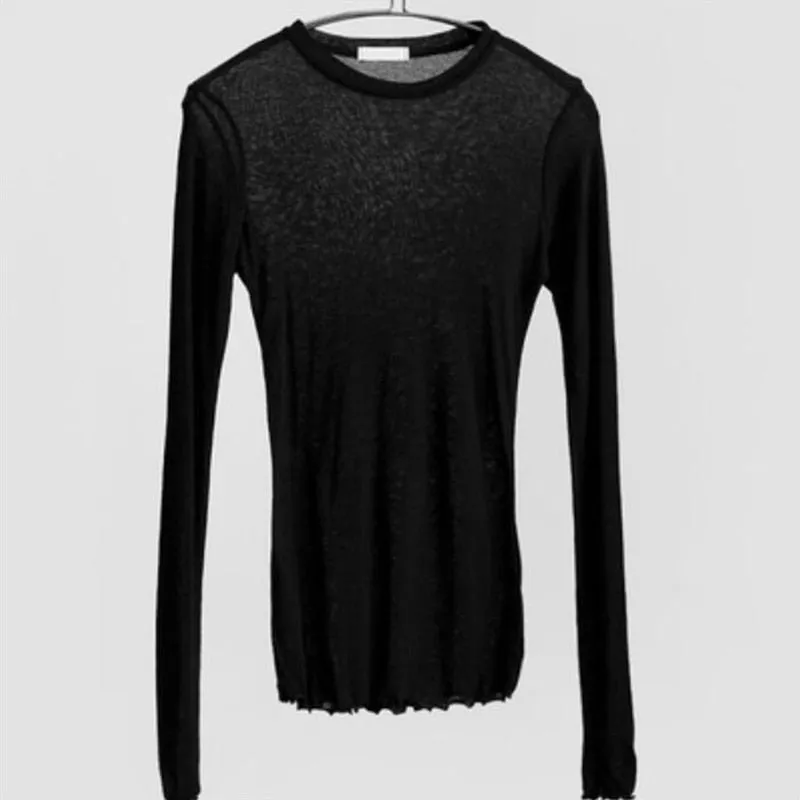 Slim T Shirt Women Cotton T-shirts Female Casual Tops Long Sleeve Sexy Thin T-shirt see through