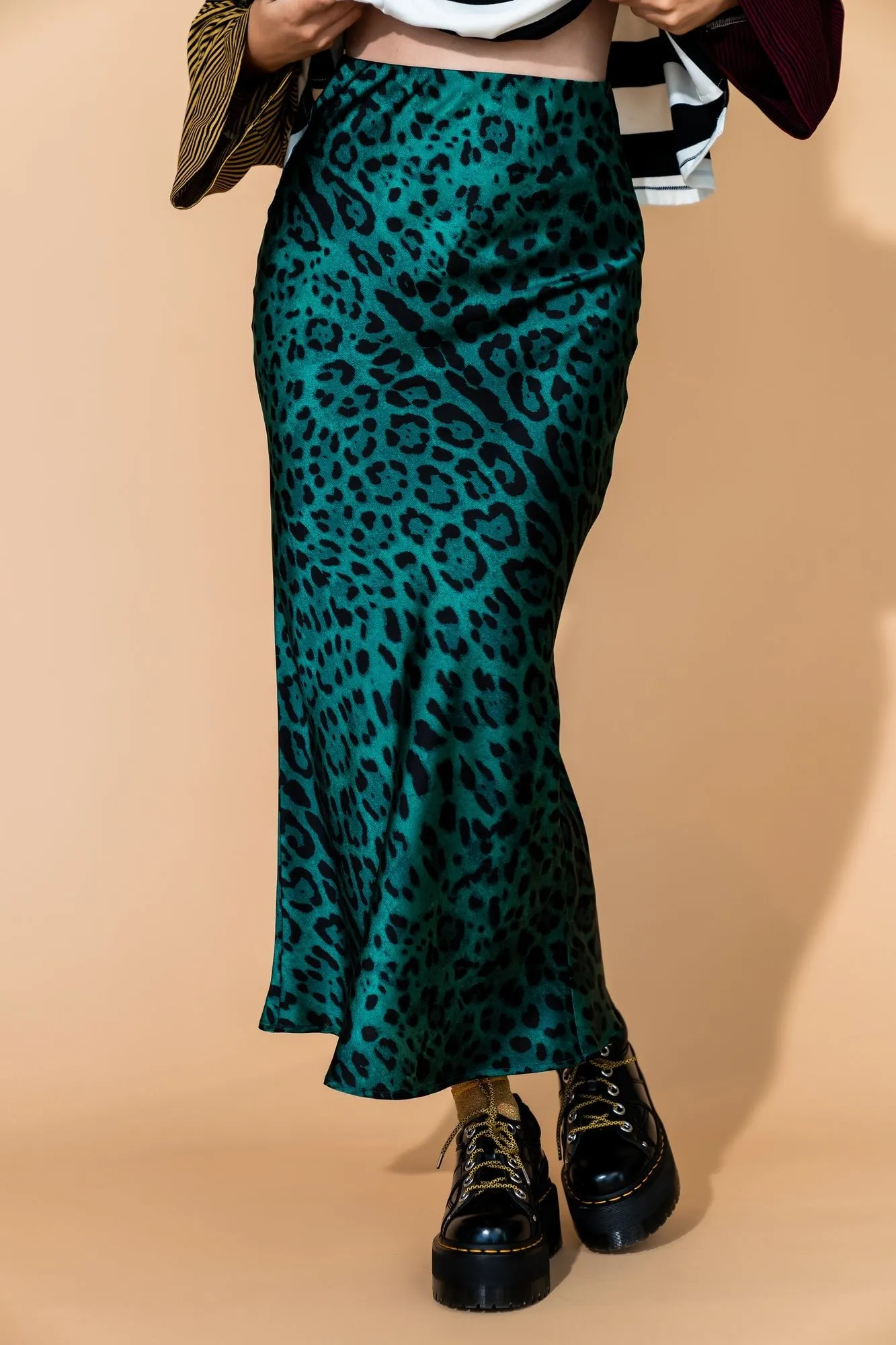 Supernova Bias Satin Skirt in Emerald Leopard