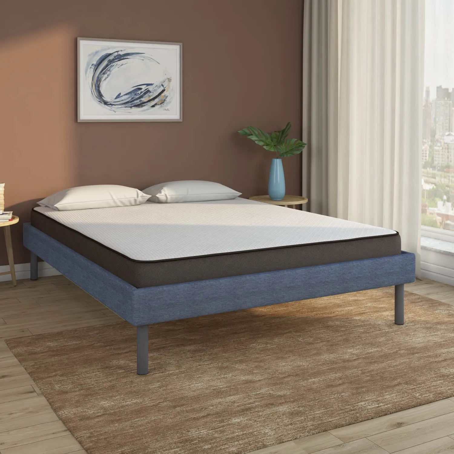 Velvette Upholstered Bed (Blue)   Lite Dual Mattress (King)