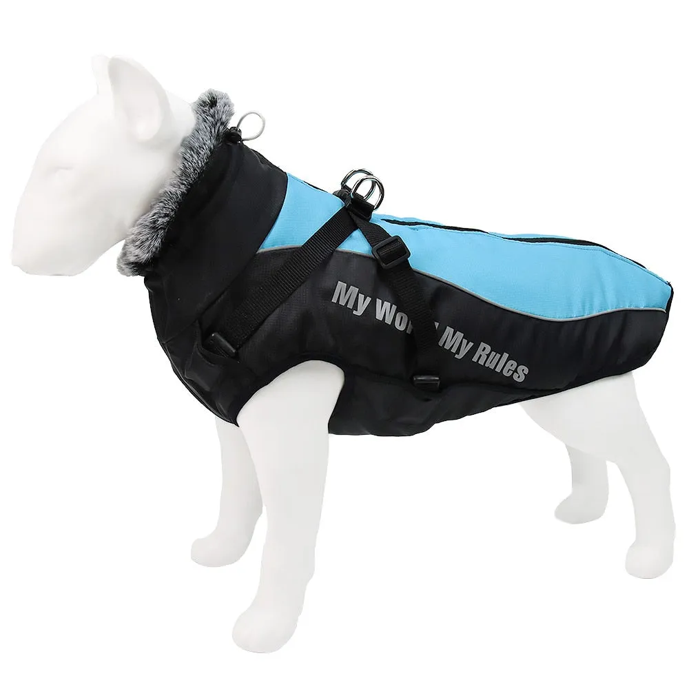 Winter Jacket for Large Dogs Fur Collar Waterproof Reflective Coat with Harness and Zipper Closure