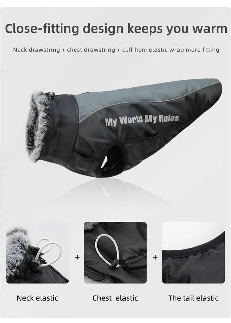 Winter Jacket for Large Dogs Fur Collar Waterproof Reflective Coat with Harness and Zipper Closure