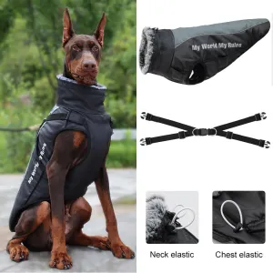 Winter Jacket for Large Dogs Fur Collar Waterproof Reflective Coat with Harness and Zipper Closure