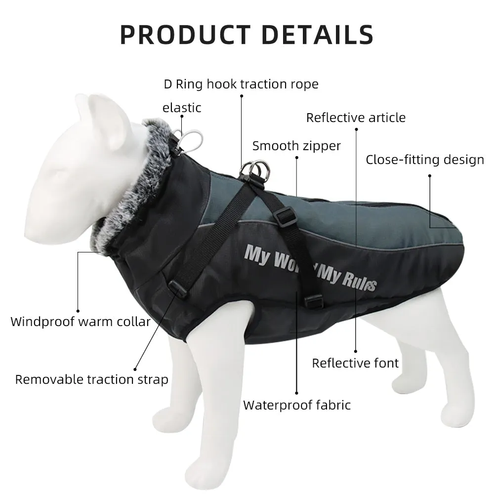 Winter Jacket for Large Dogs Fur Collar Waterproof Reflective Coat with Harness and Zipper Closure