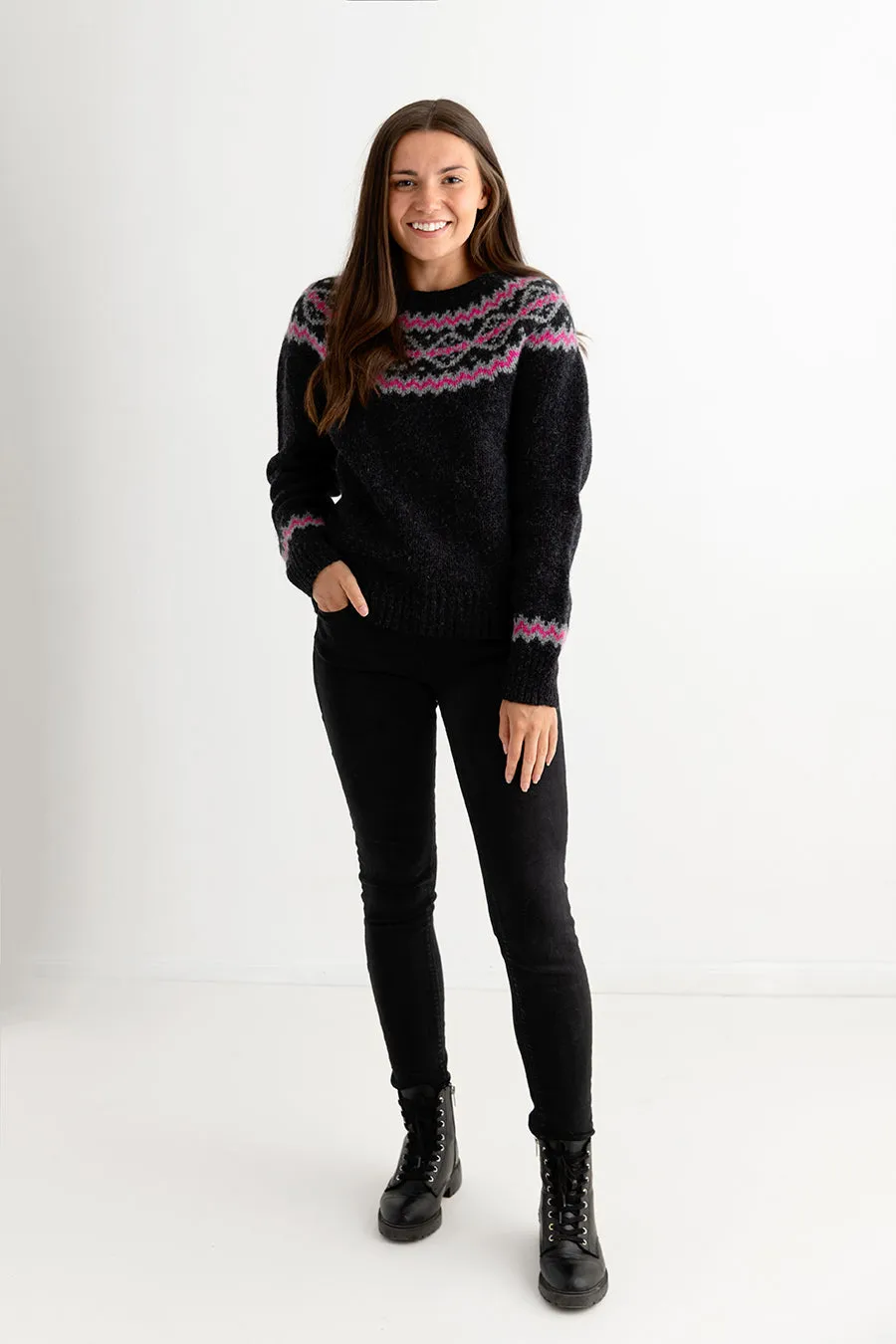 Womens Chunky Finnieston Yoke Fair Isle Jumper - Charcoal